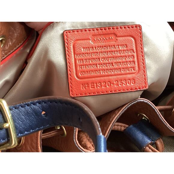 Coach Legacy Super Soft Pebbled Leather Drawstring Bucket Bag Tan & Navy - Picture 7 of 7